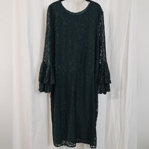Ashley Stewart 22/24 3X Dark Green Teal Lace Overlay Long Sleeve Midi Dress